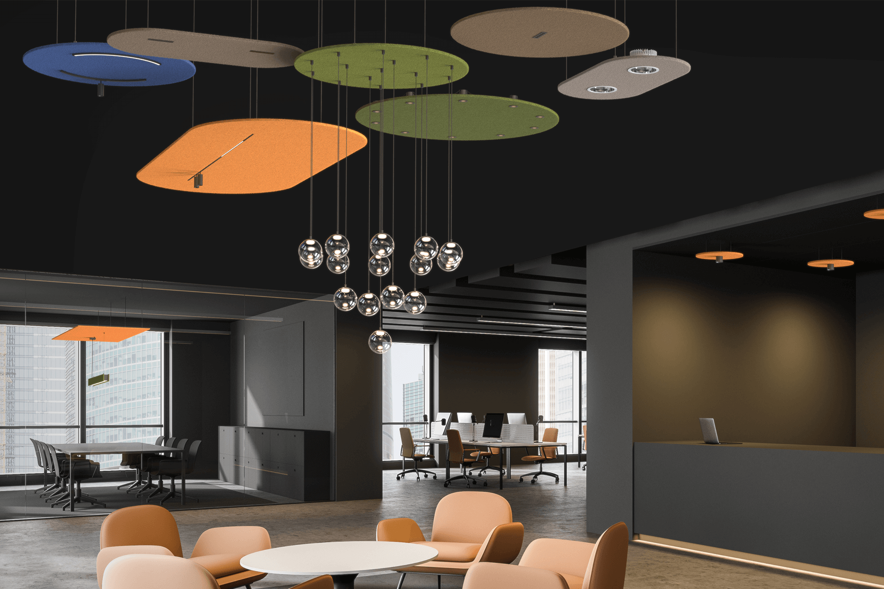 Acoustic lighting panel integrated with lighting fixtures - Round shape